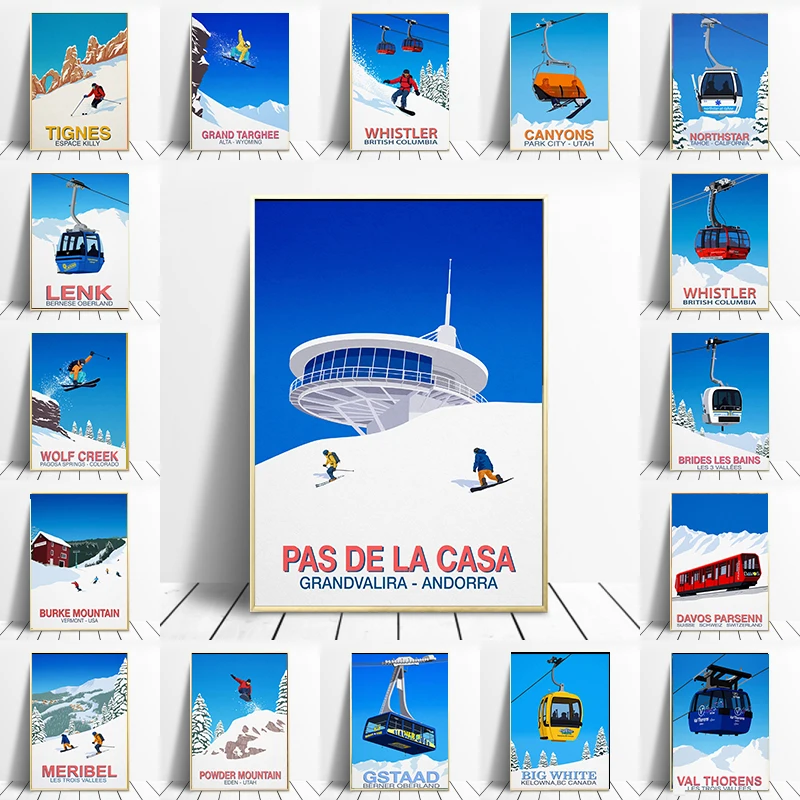 Póster de viaje de esquí, pintura en lienzo de la estación de esquí del mundo, imágenes de pared, impresión de coche de Turis
