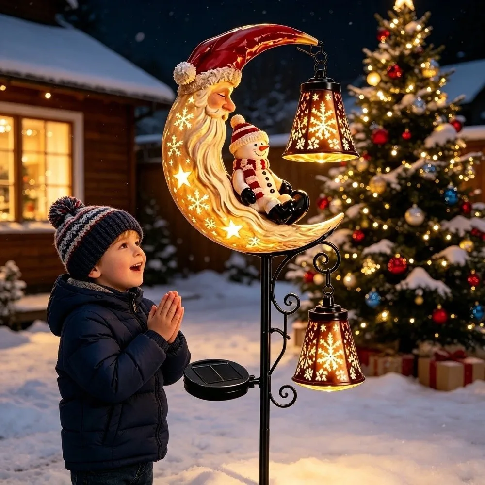 LED Glowing Christmas Moon Solar Stake Light Waterproof with Bell Xmas Garden Stake Lamp Solar Powered Hollow Lantern