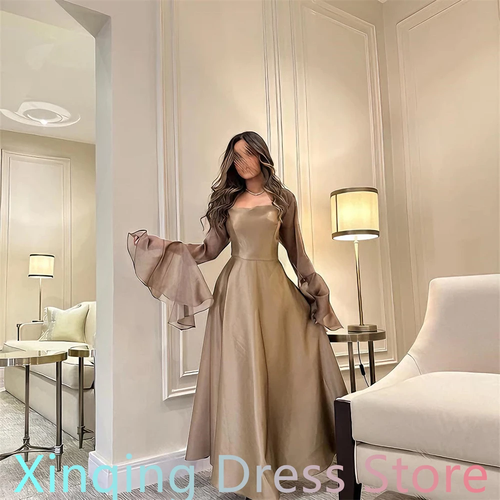 

Customized Exquisite Satin Evening Dress Elegant Square Collar Long Sleeves Vestido De Festa Modern Special Occasion Gowns
