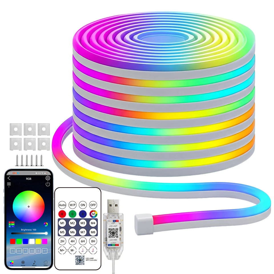 5V USB RGBIC Neon LED Strip 1M 2M 3M 5M 10M Neon Light Strip with Music Sync Bluetooth App Remote DIY Room Deocoration Lighting