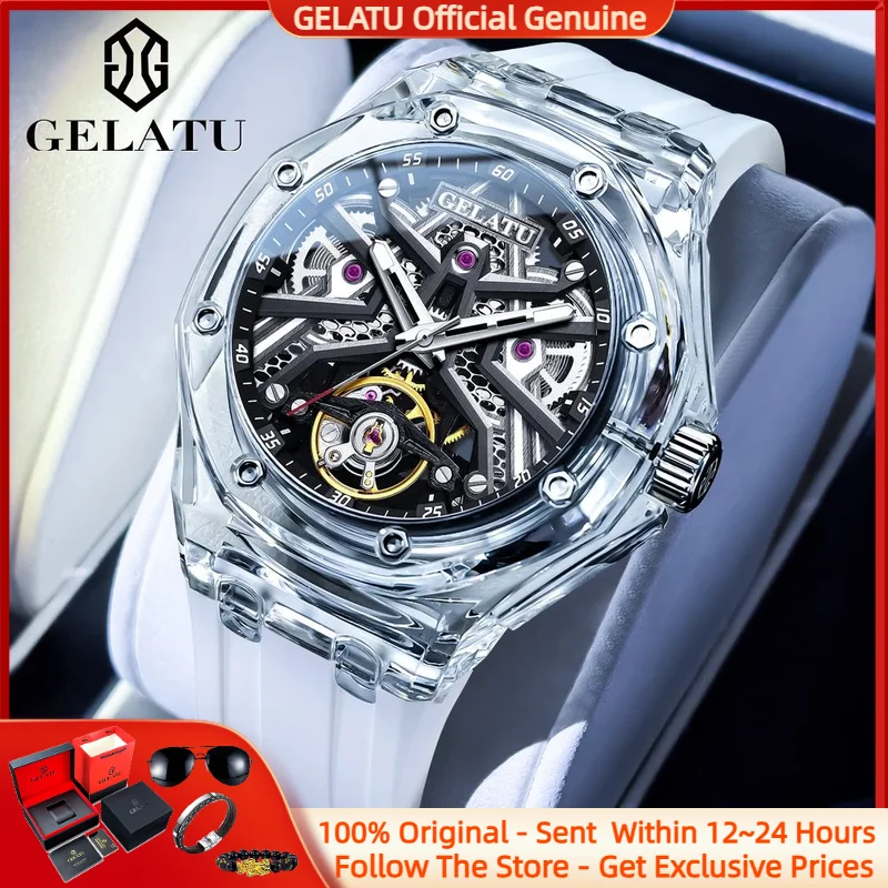 

GELATU 8002 Men Watch Luxury Waterproof Transparent Hollow out Flywheel Watch Cool Sports Men Automatic Mechanical Watch Gift Bo