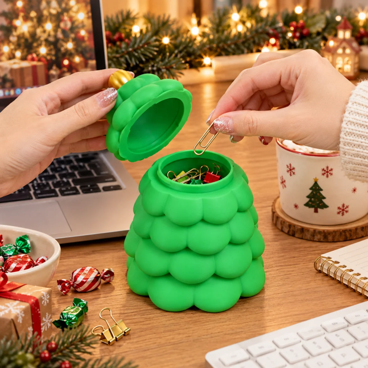 1pc Cute Christmas Tree Trinket Jar,3D Printed Eco PLA Material,Green Holiday Style,Decorative Desktop Candy Items Storage Case