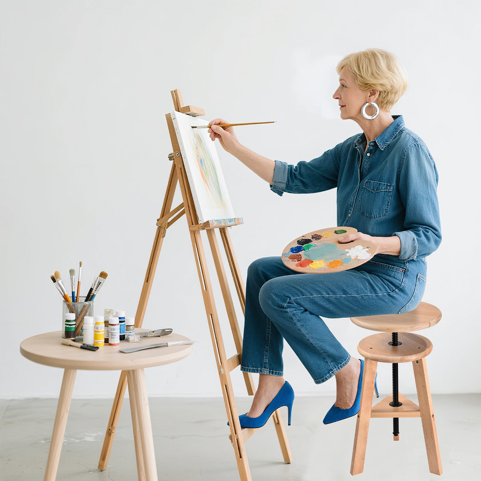 Wooden Artist Stool Swivel Adjustable 48-65cm, Multifunctional Drafting Chair for Office & Home Studio