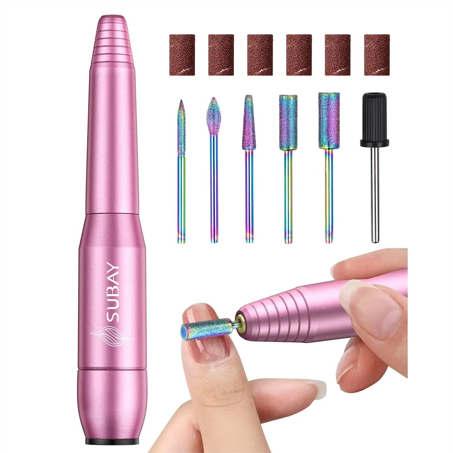 

Electric Nail Drill, Portable Nail File for Acrylic Gel Nails with 6 Bits and 26 Sanding Bands, Low Noise Adjustable Speed for
