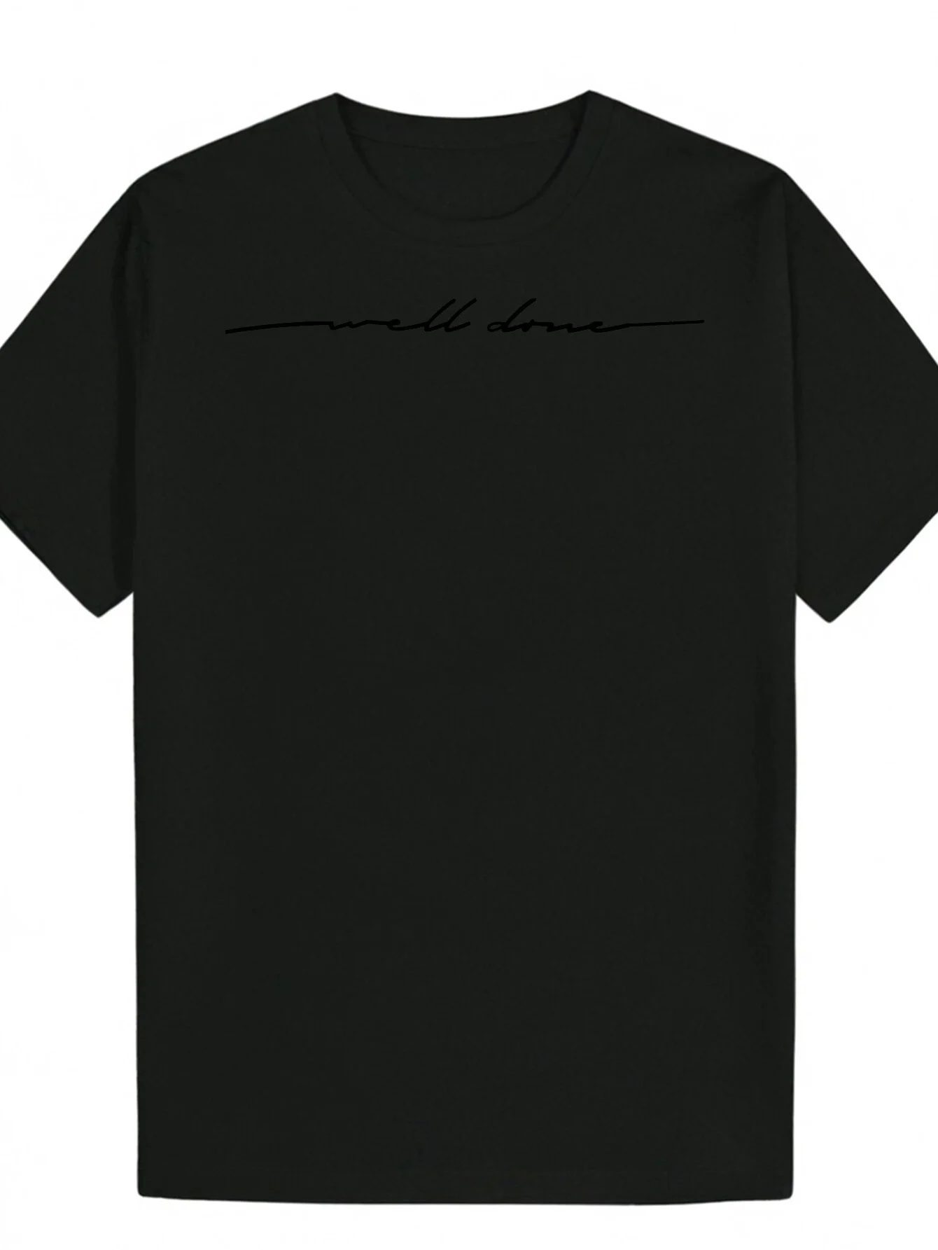 Minimalist Men's Black Graphic T-Shirt Small Done Script Typography Signature Style Minimal Letter Print Statement Design 100% Cotton Heavyweight Short Sleeve Casual Streetwear Tee