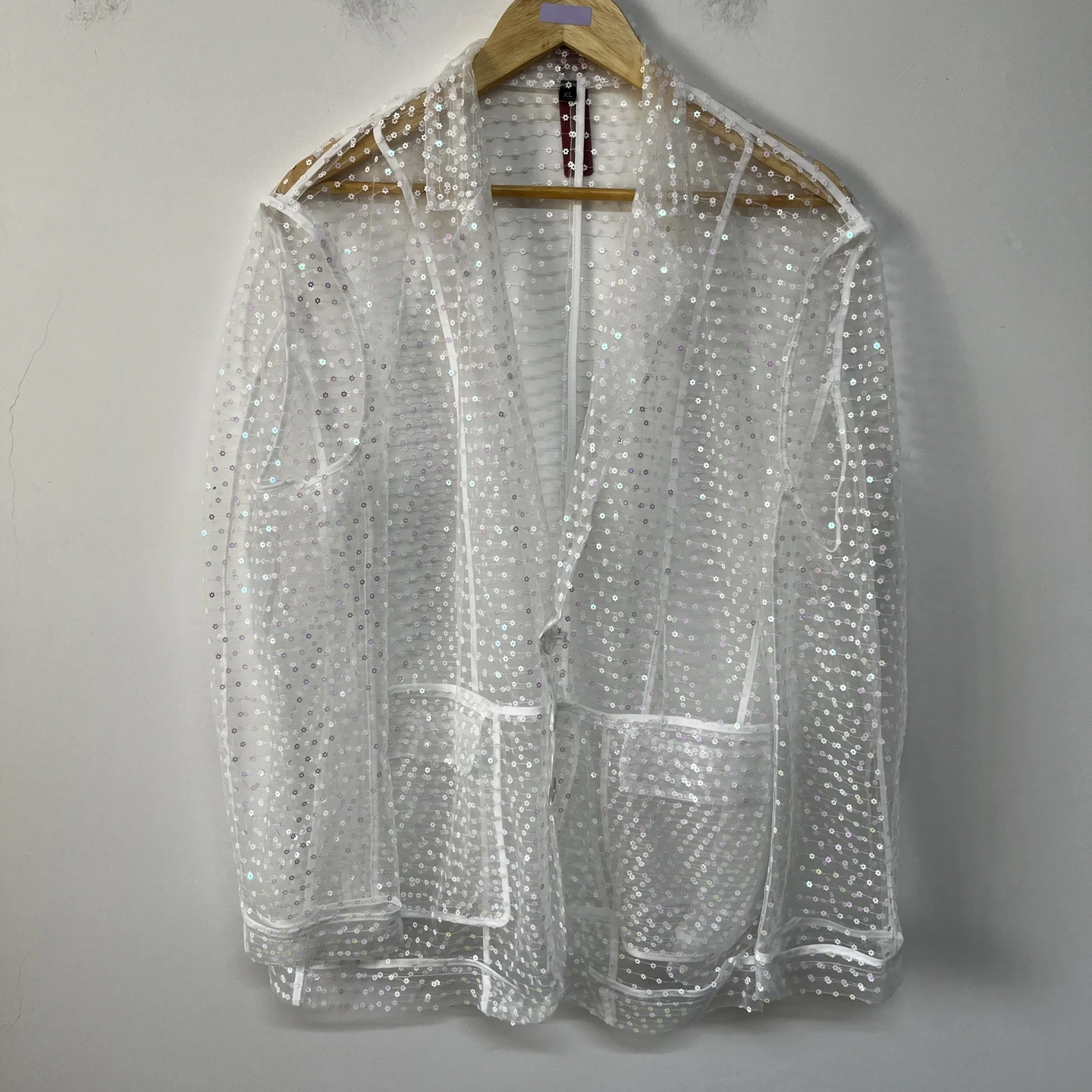 White Laser Shiny Thread Embroidery Decorative Mesh Casual Men's  Jacket Standard Fit Long Sleeve Soft Warm Outerwear