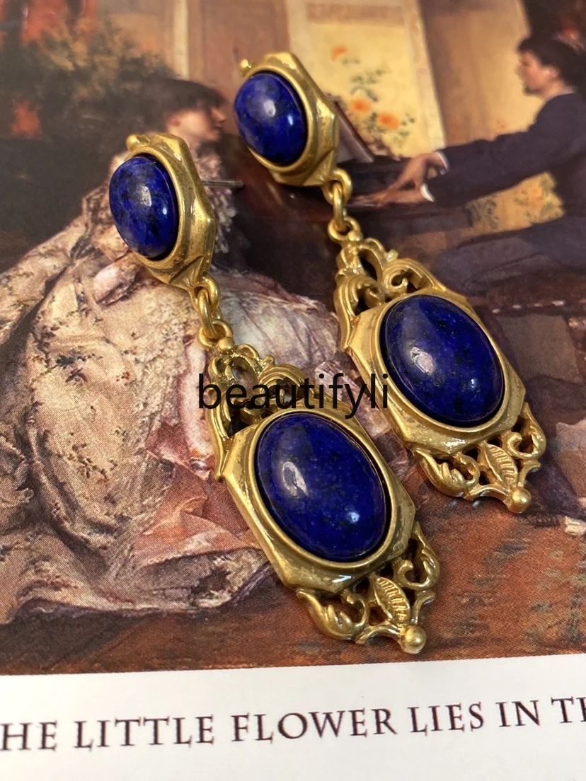 Natural lapis lazuli earrings retro and old gold Western medieval silver needle earrings