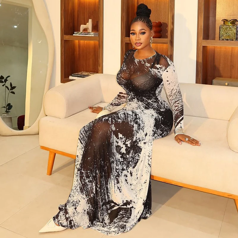 ชุดเดรสยาวรัดรูปพิมพ์ลายเซ็กซี่ ผ้าซีทรู สำหรับผู้หญิง ทรงเข้ารูป ยืดหยุ่น เหมาะสำหรับงานปาร์ตี้กลางคืน แขนยาว คอทรงโอ ชุดเดรสวันเกิด