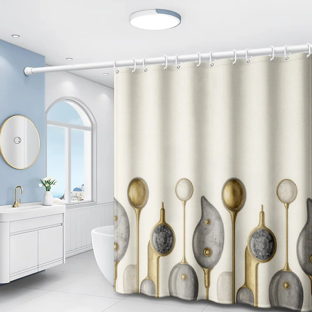 Nordic Gold Spoon Shower Curtain, Abstract Kitchen Utensil Print Waterproof Bathroom Decor, Modern Home Bath Screen