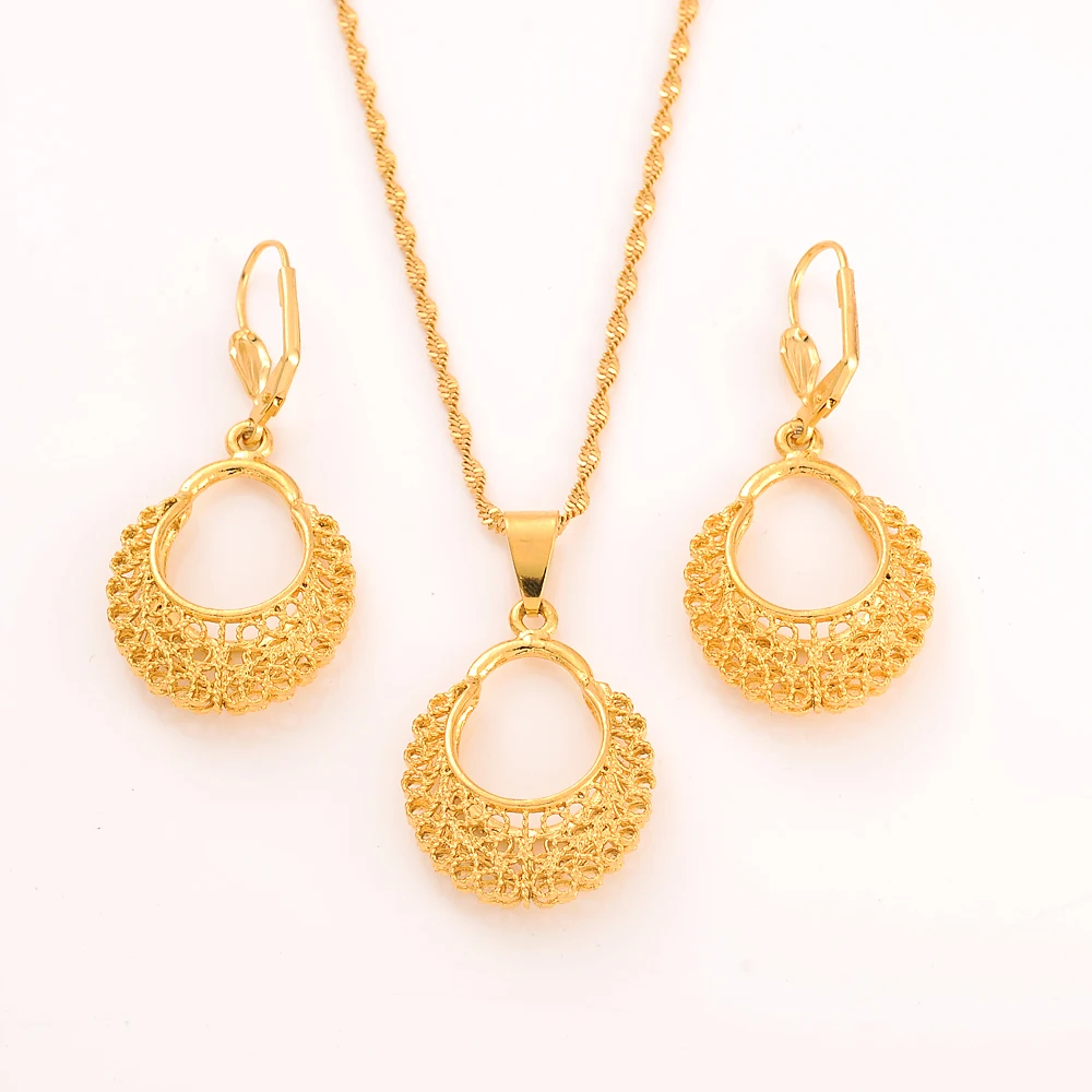 24k Gold Plated Africa dubai India Cute Necklace pendant Earrings wedding Birthday Party Jewelry Sets For Women Girl Gifts