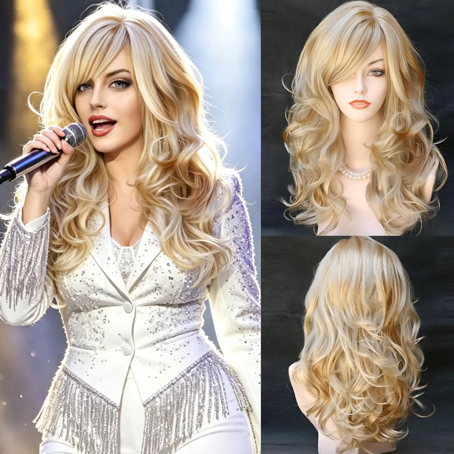 Sabrina Carpenter Wig Long Blonde Wig with Bangs Synthetic Hair Body Wave Hairstyle Halloween Costume for Women Roleplay Cosplay
