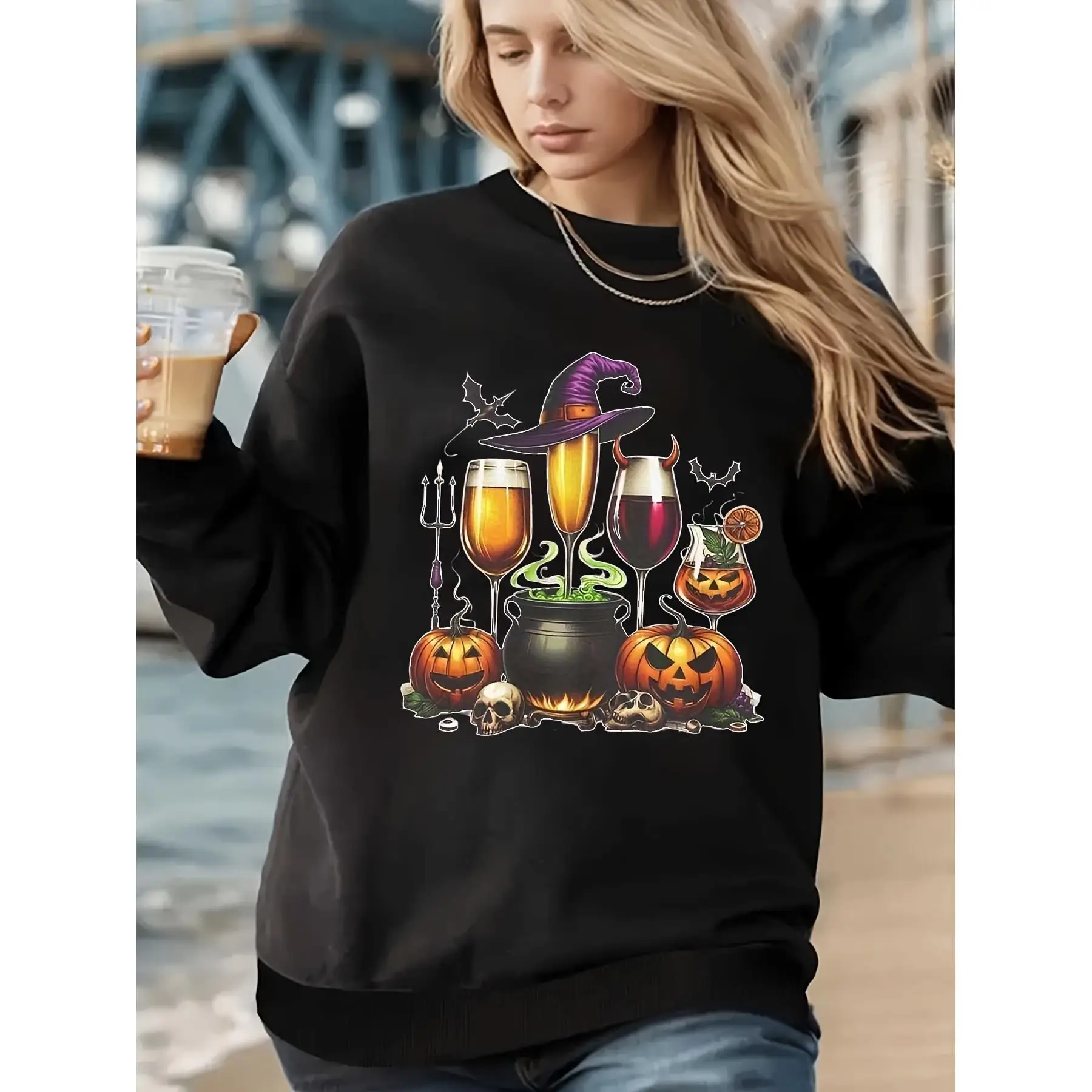 

Halloween Drinking Sweatshirt | Women's Funny Wine Beer Pumpkin Party Jumper | Witchy Cocktail Horror Theme Fall Crewneck Shirt