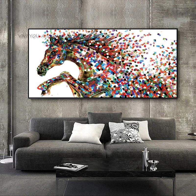 Handpainted Wall Oil Painting On Canvas Color Block Galloping Horse Animal Abstract Oil Painting for Living Room Sofa Wall Decor