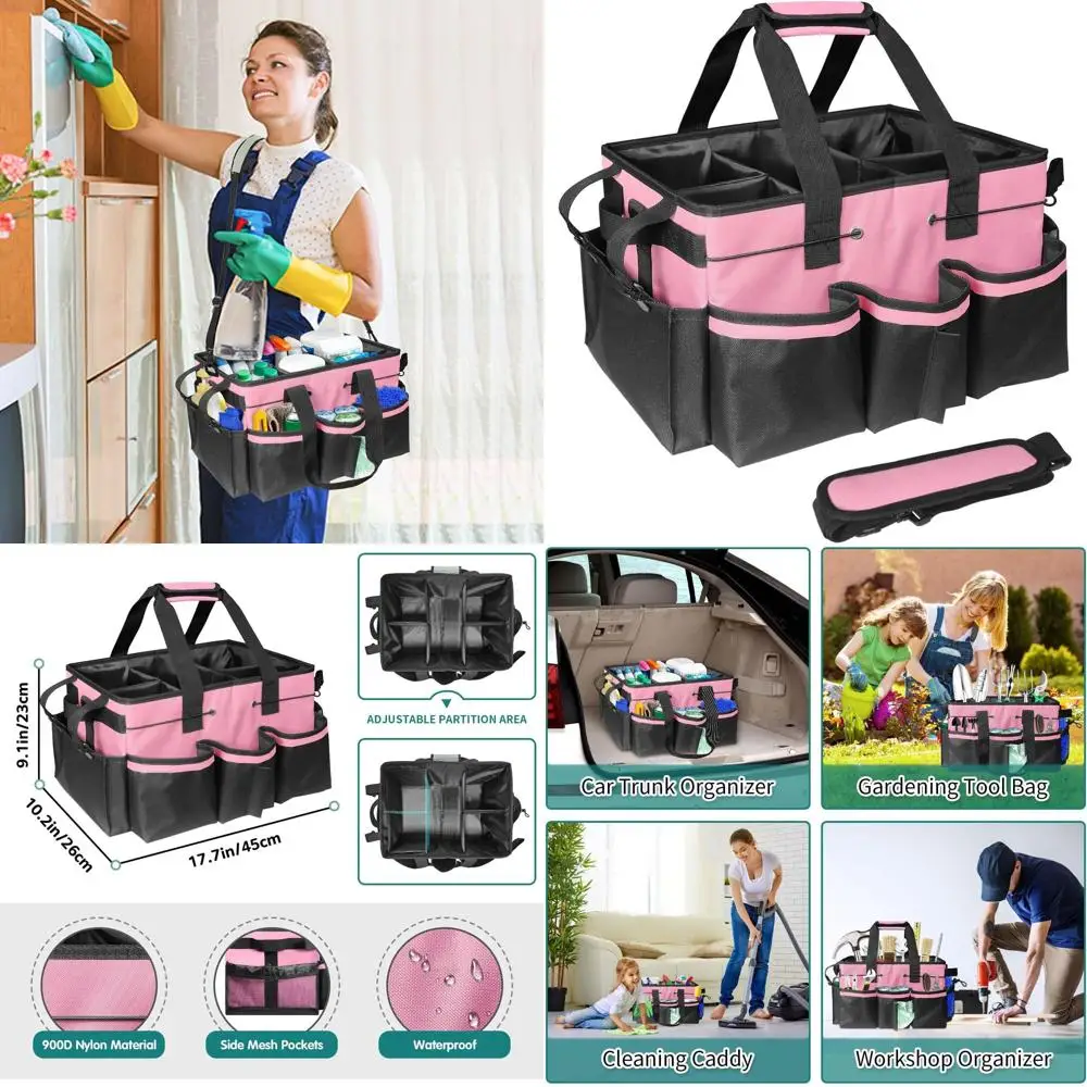 

Portable Cleaning Supply Organizer with Foldable Compartments and Shoulder Strap for Housekeeping Professionals