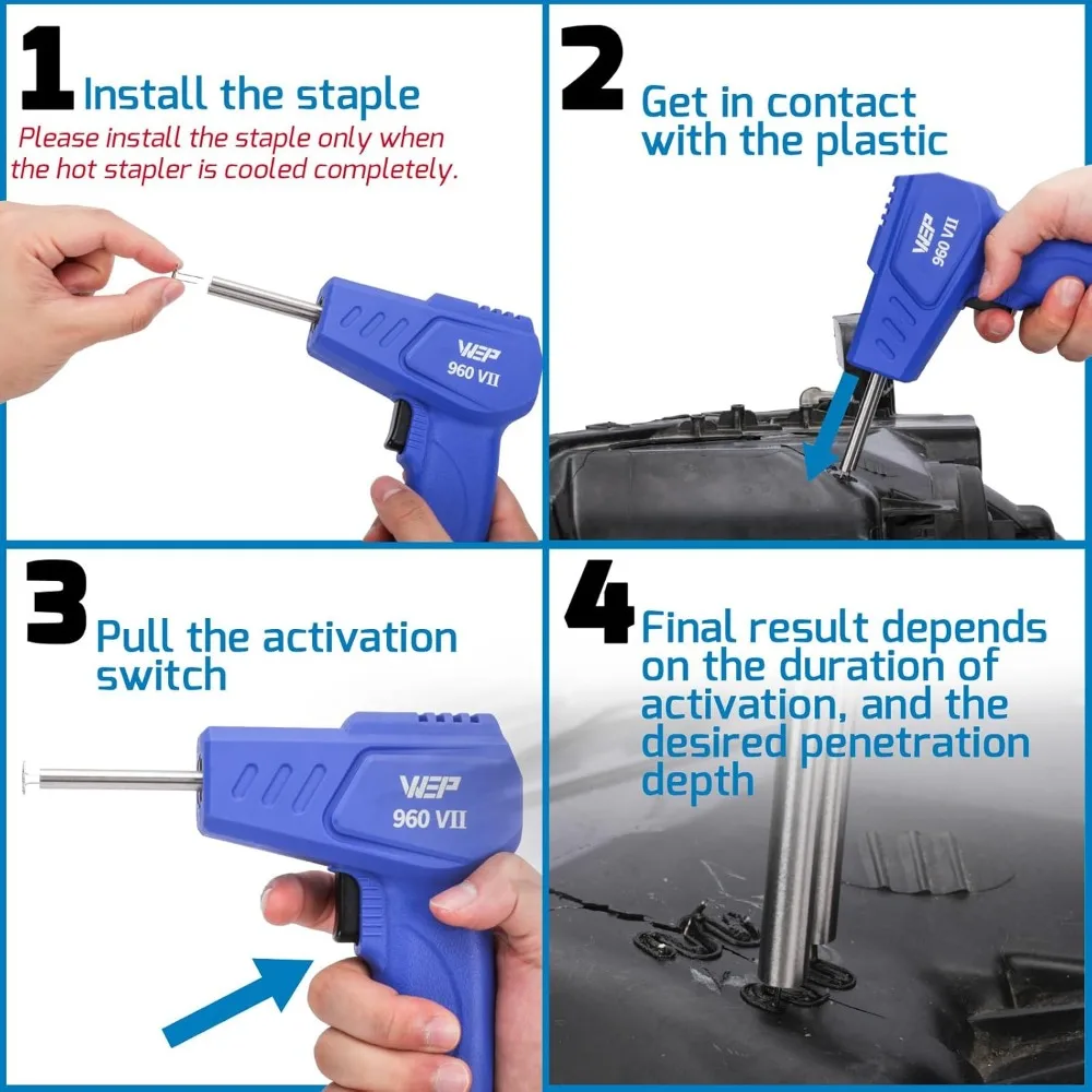 Kit Pengelas Plastik WEP 960-VII 110V dengan Pegangan Ergonomis dan Lampu LED, Dilengkapi 350 Staples Panas dan Tang untuk Plastik Bumper Mobil