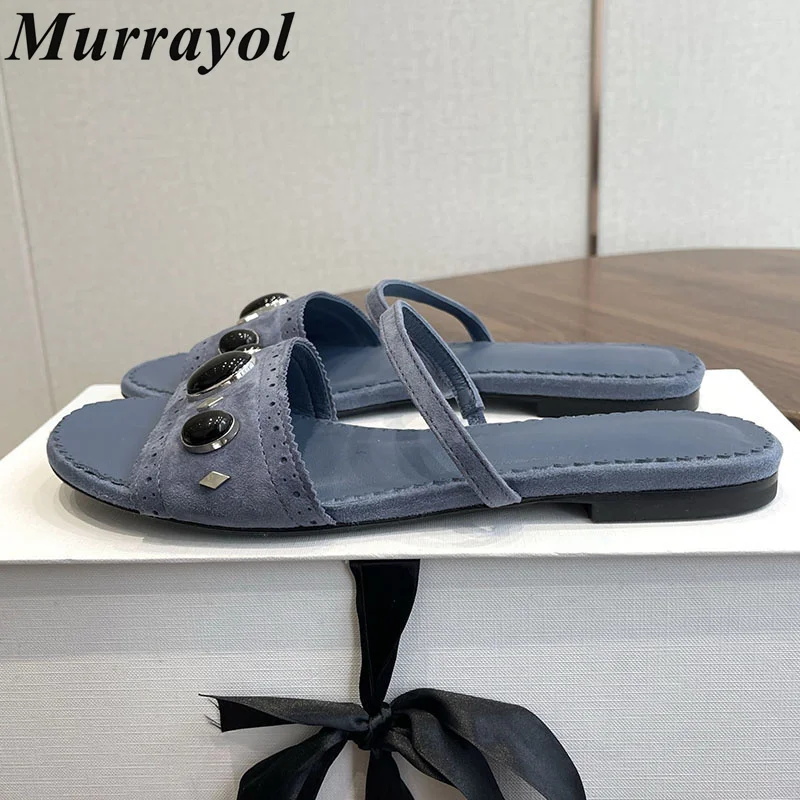 

Slippers Flat Bottom Slippers Women Suede Crystal Rivets Decor Lazy Sandalias Mujer Ladies Summer Outdoor Vacation Shoes 2026
