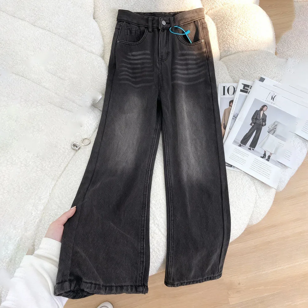 Fashion Women Black Grey Jeans Spring Autumn High Waist Gradient Washed Denim Pants Streetwear Casual Straight Loose Trousers