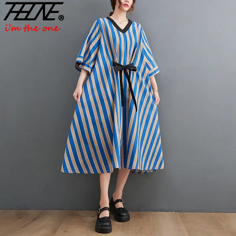 

Oversized Vintage Striped Dress Women Bow V Neck Loose Casual Midi Summer Ladies Dresses 2023 Fashion Elegant Vestido Feminino