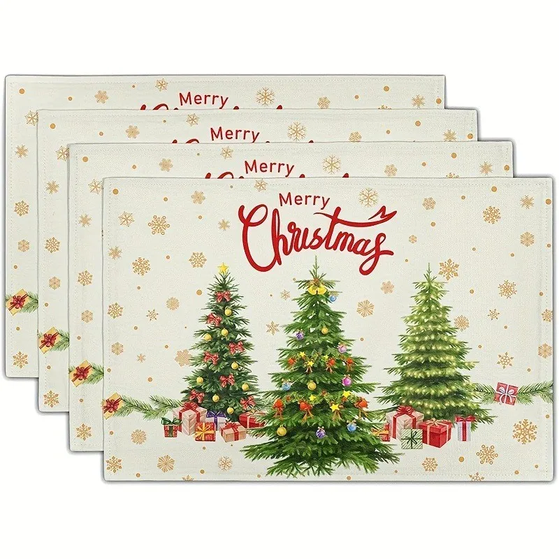 VIKAMA Christmas Linen Placemat, Santa Wheelbarrow Snowy Village, Absorbent Easy Clean, Kitchen Dining Room
