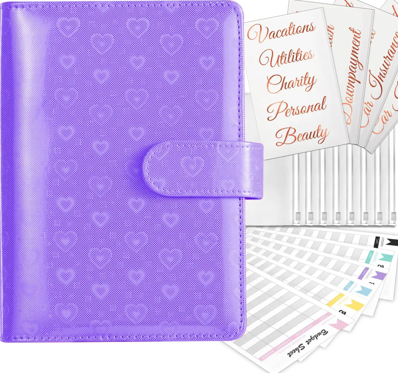 

A6 Laser Heart PU Leather Binder Budget Envelope Planner Organizer System With Clear Zipper Pockets Expense Budget Sheets