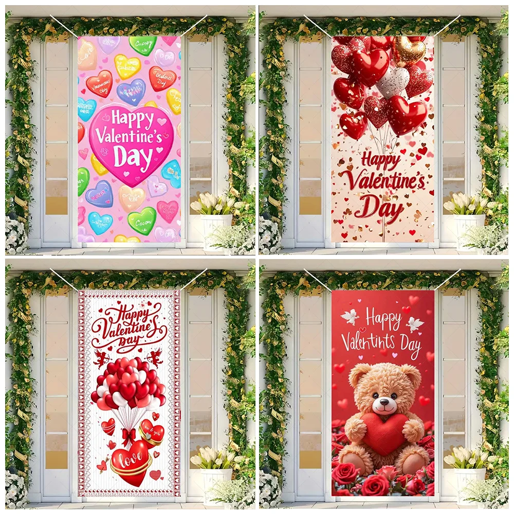 

Valentines Day Theme Door Cover Backdrop Supplies Cupid Bear Love Heart Background Balloon Party Decoration Photography Props