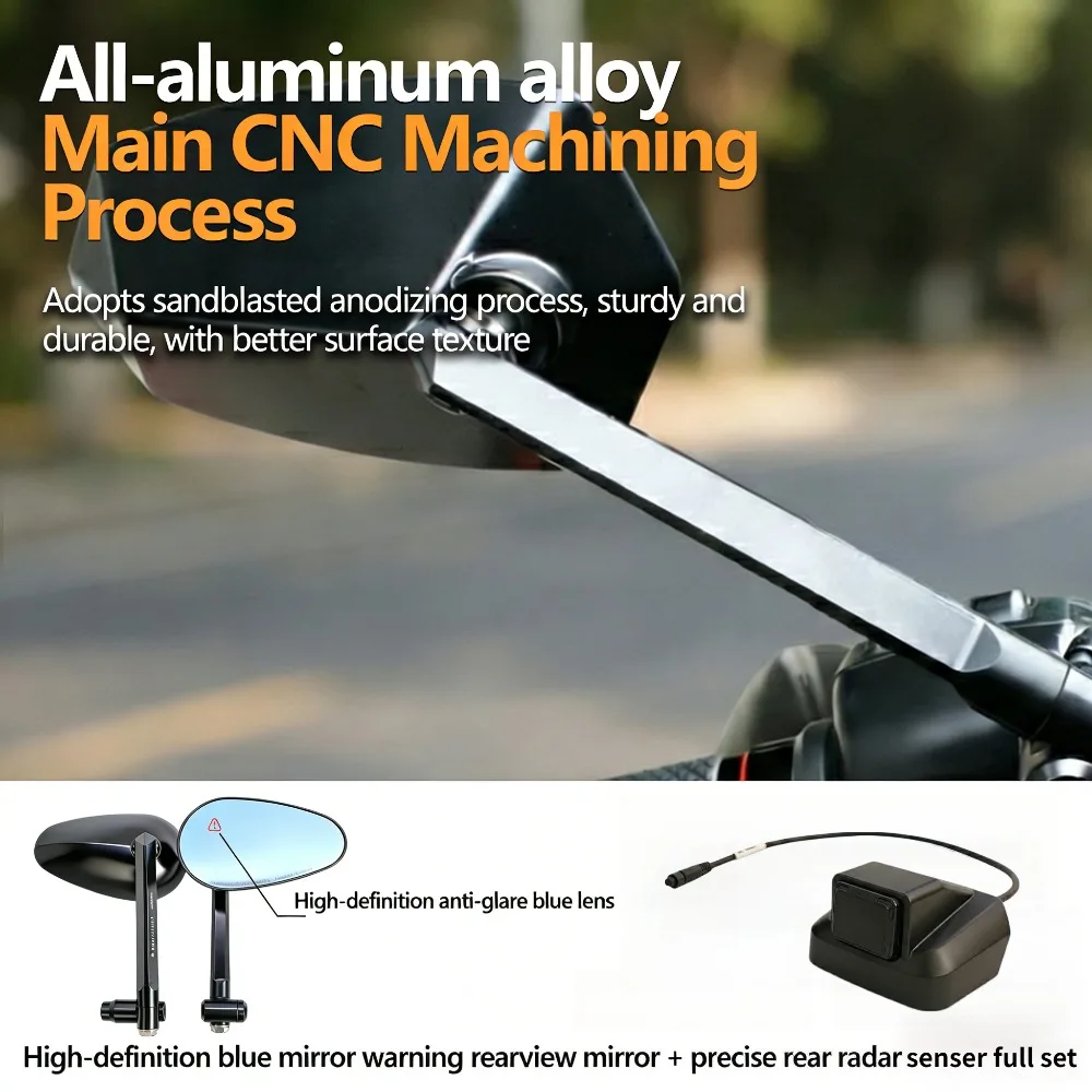 

New Motorcycle BSD System Full Kit - Long Range Radar & HD Anti-Glare Blue Mirror Blind Spot Warning