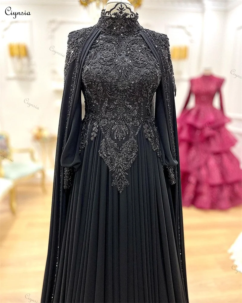 Ciynsia Arabic Muslim Black Long Sleeve Wedding Dress Women Elegant Luxury Bridal Dresses with Cape Lace Bead Chiffon Bride Gown