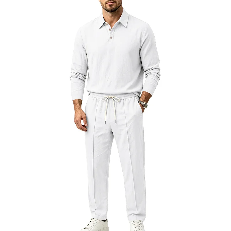 Men's linen lapel collar long-sleeved polo straight trousers two-piece set spring and autumn pullover casual suit