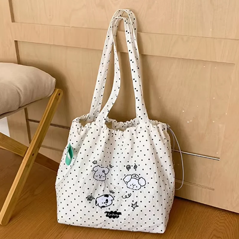 Cute Cartoon Puppy Embroidery Tote Bag New Korean Polka Dot Shoulder Bag Large Capacity Lightweight Shopping Commuter Hand Bag