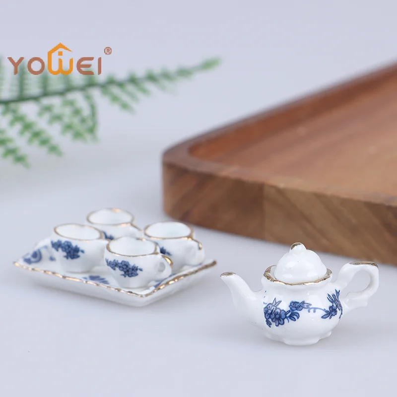 

Latest6Pcs Dollhouse Miniature Dining Ware Porcelain Tea Set Dish Cup -Flower Pattern