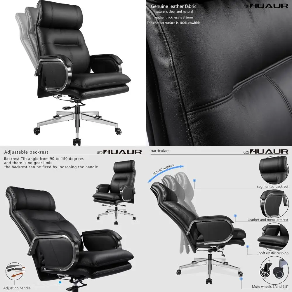 كرسي مكتب جلدي فاخر عالي الظهر مع قاعدة دوارة وإمالة 90-150 درجة، يدعم ما يصل إلى 360 رطل
