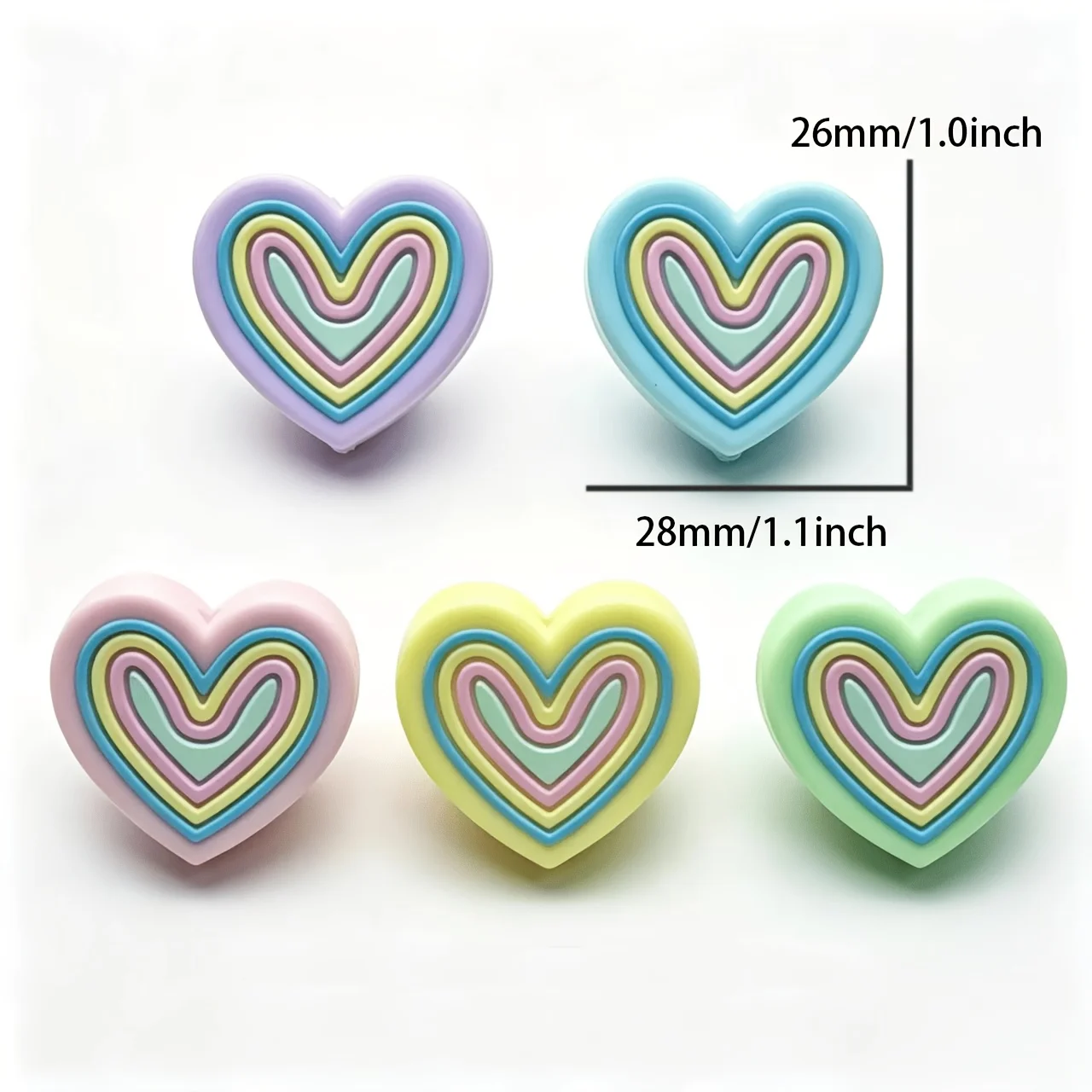 5Pcs 3D Rainbow Layered Heart Silicone Focal Beads, Purple Blue Pink Yellow Green DIY Beads for Bracelet Necklace Pen Decor - view 4