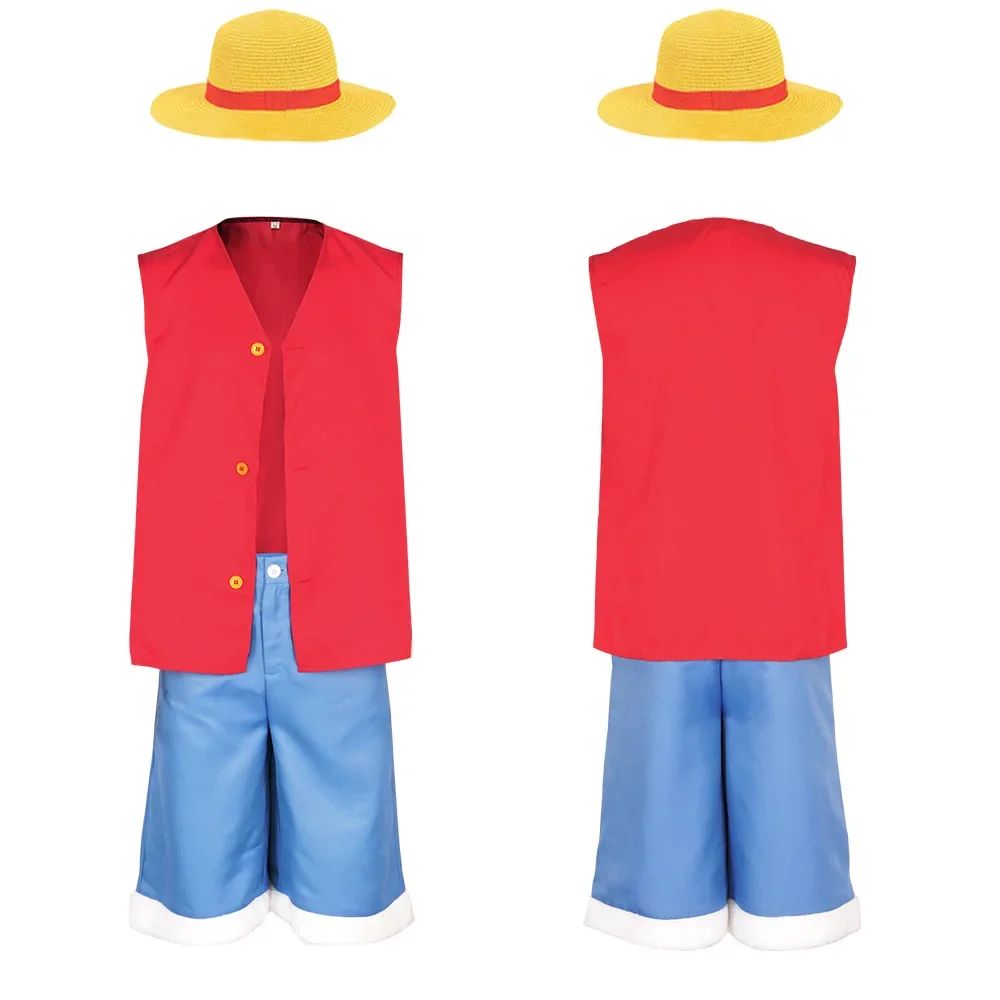 Kids Adult Luffy Cosplay Anime One Cos Piece Disguise Costume Coat Pants Hat Men Boys Beach Clothing Halloween Party Suit