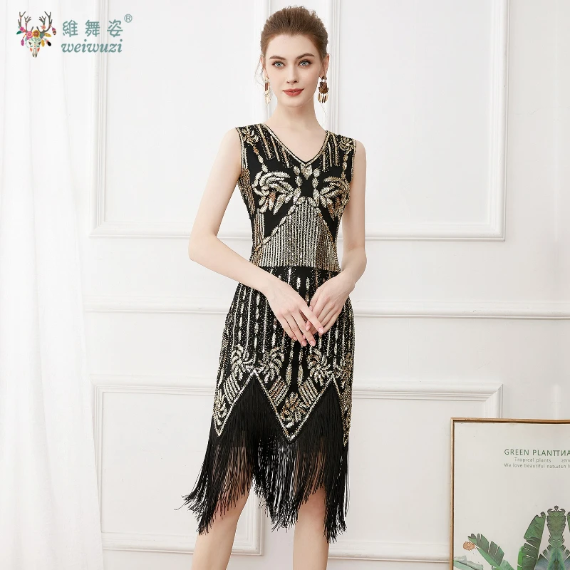 하이웨이스트 빈티지 V넥 시퀸 수제 비즈 자수 태슬 밑단 조끼 찰스턴 댄스 & 칵테일 파티 드레스 플러스 사이즈