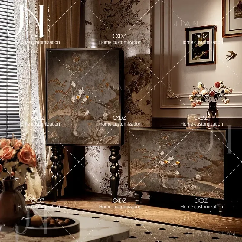 French Chinese style wabi sabi flower solid wood tall cabinet living room wall storage dining room locker entrance decorative
