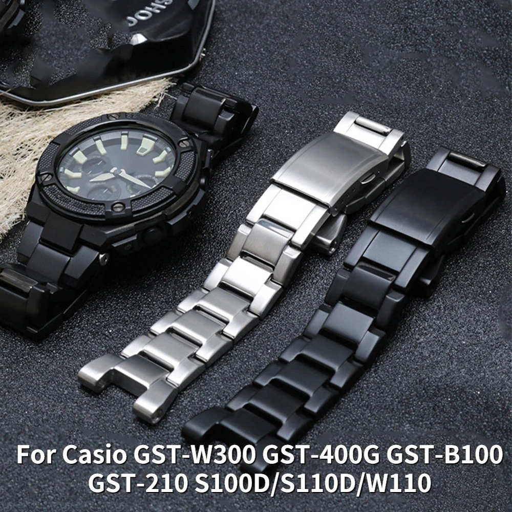 Stainless Steel Watchband For Casio GST-W300 GST-400G GST-B100 GST-210 S100D/S110D/W110 Black Metal Watch Band Strap Bracelet