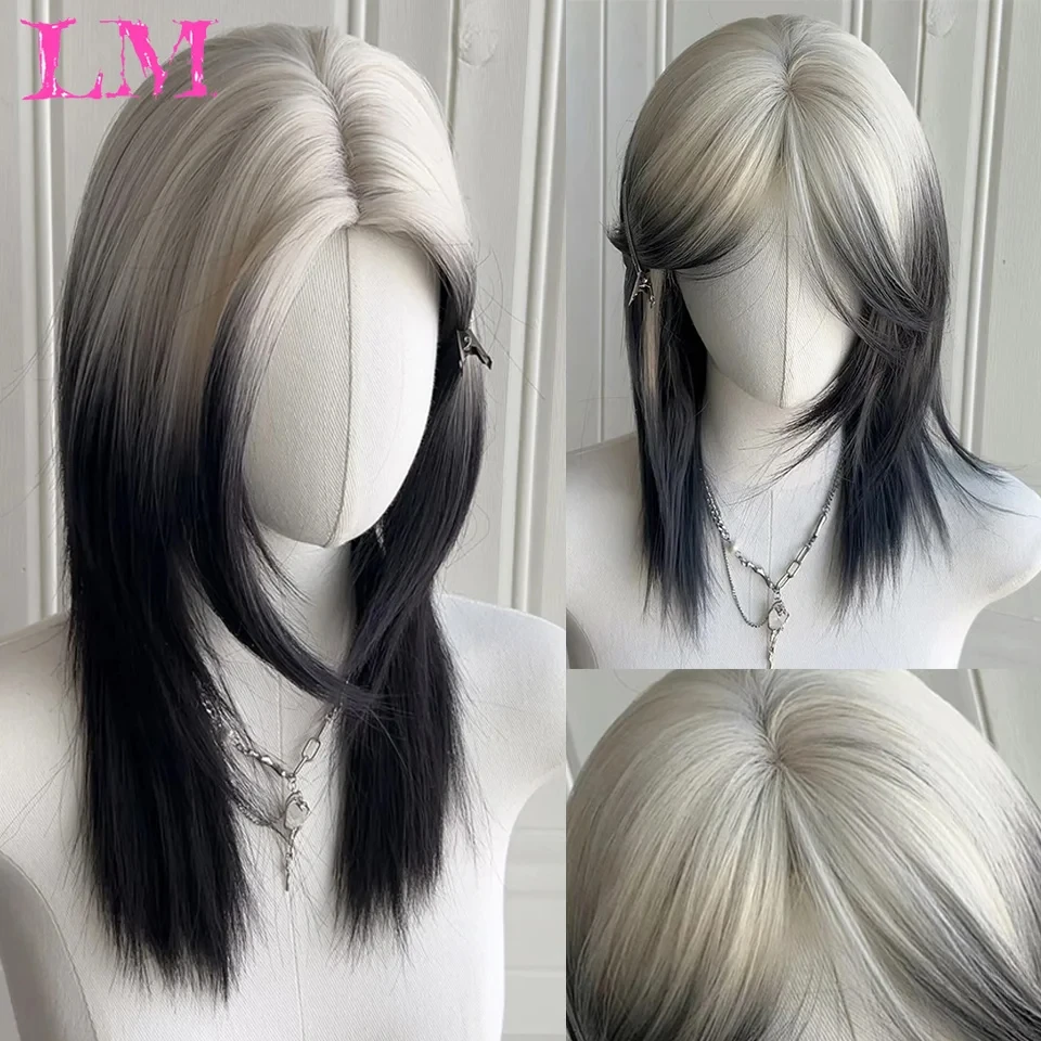 

LM Brown Blonde Ombre Synthetic Wigs Short Straight Bob Wigs for Women Middle Part Lolita Cosplay Natural Hair Heat Resistant Fi