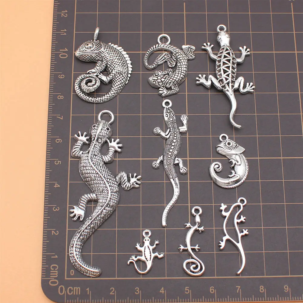 Jóias Antigas Cor Prata, Lagarto Gecko Chameleon Charms, Coleção Acessórios Presente, 9pcs