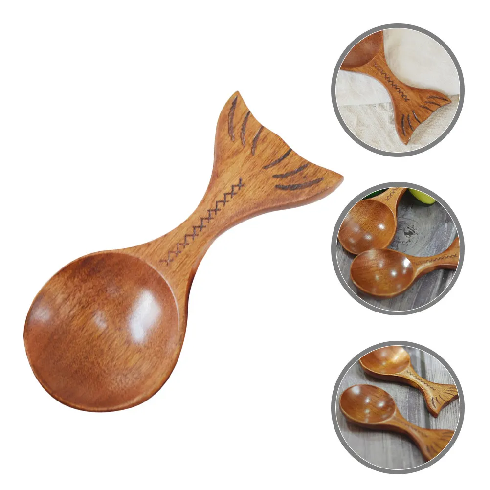 Nanmu Wood Fish Shaped Coffee Measuring Scoop Long Handle Wooden Spoon for Coffee Beans Powder Kitchen Tool Safe Comfortable