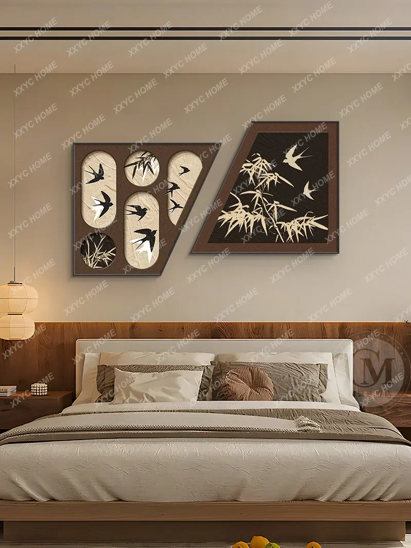 Decorative paintings Master bedroom bedside niche retro murals Restaurant flower and bird two-packs hanging paintings