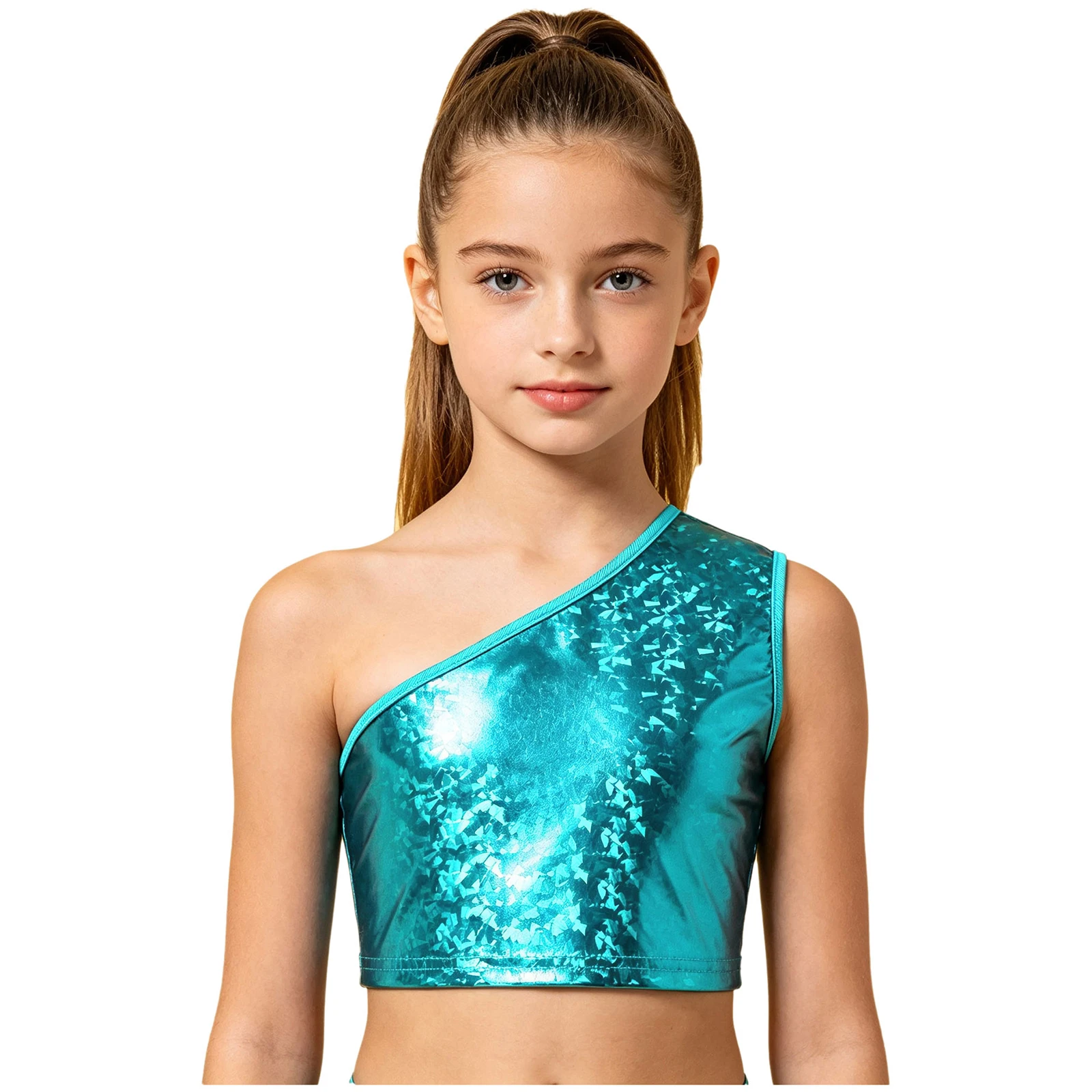 Kinder Jungen Ärmelloses Glänzendes Crop-Top Mädchen Hip-Hop Jazz-Tanz-Oberteil Einschultriges Metallic-Crop-Top Jazz-Tanz-Auftrittskostüm – Detail 26