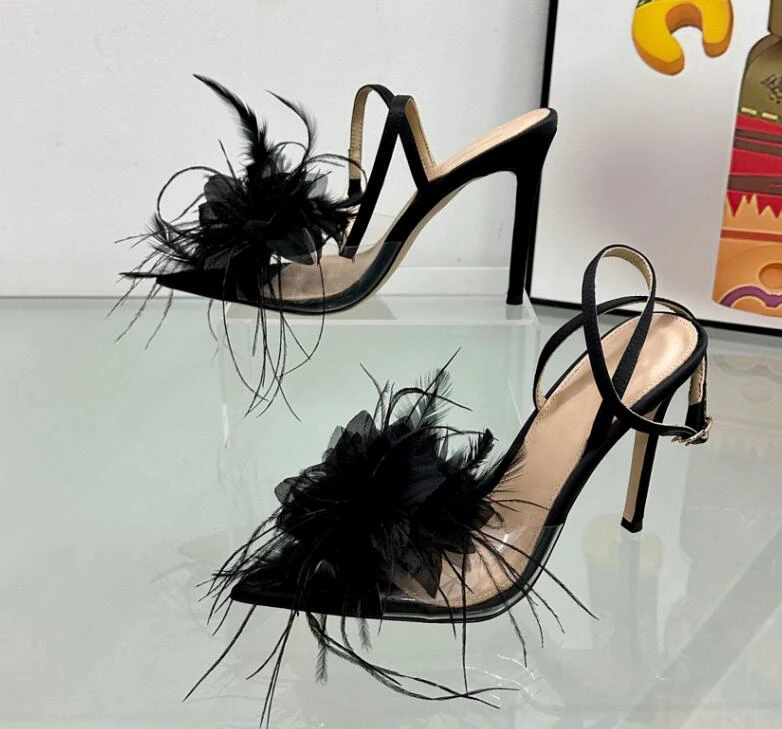 Sexy Thin Heel Women Sandal Shoes Feather Ponited Toe PVC Elegant Party Sapatos Mujer Summer Women Runway Exquite Pumps