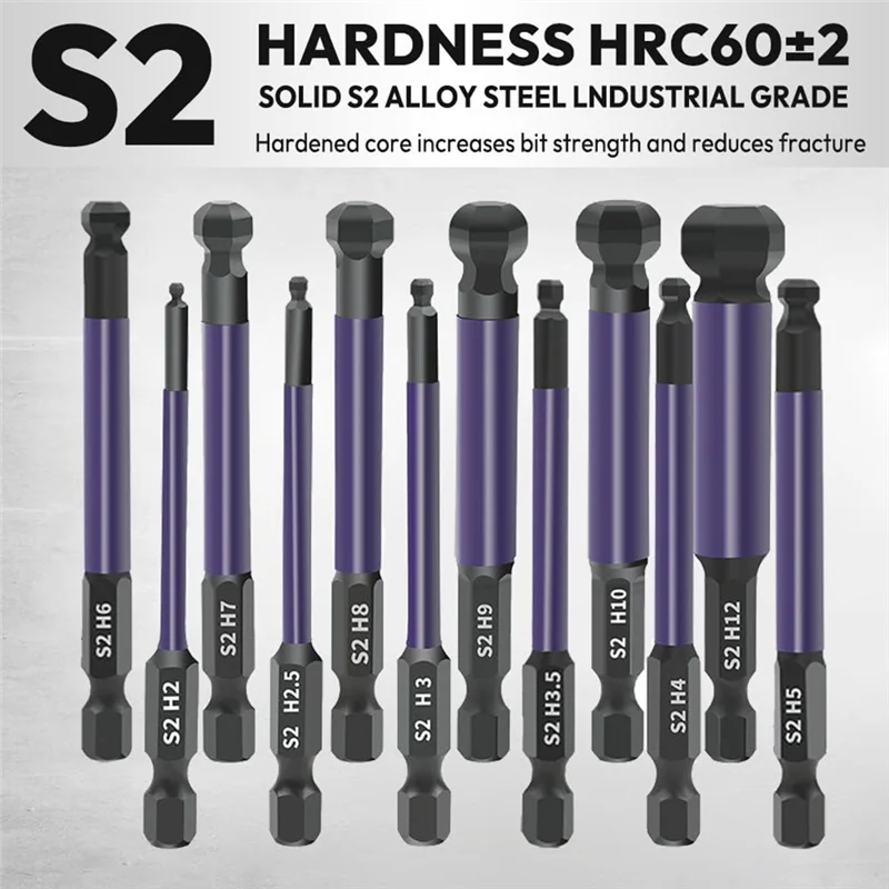 

【Flash-Deal!】Hexagonal Screwdriver Bit 12Pcs 75Mm Ball End 1/4 Inch Hex Shank Alloy Steel High Hardness Magnetic