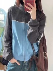 Deeptown Korean Hippie Blue Zip Up Sweatshirt Women Harajuku Kpop Oversize Hoodie Female Tracksuit  Streetwear Patchwork Tops