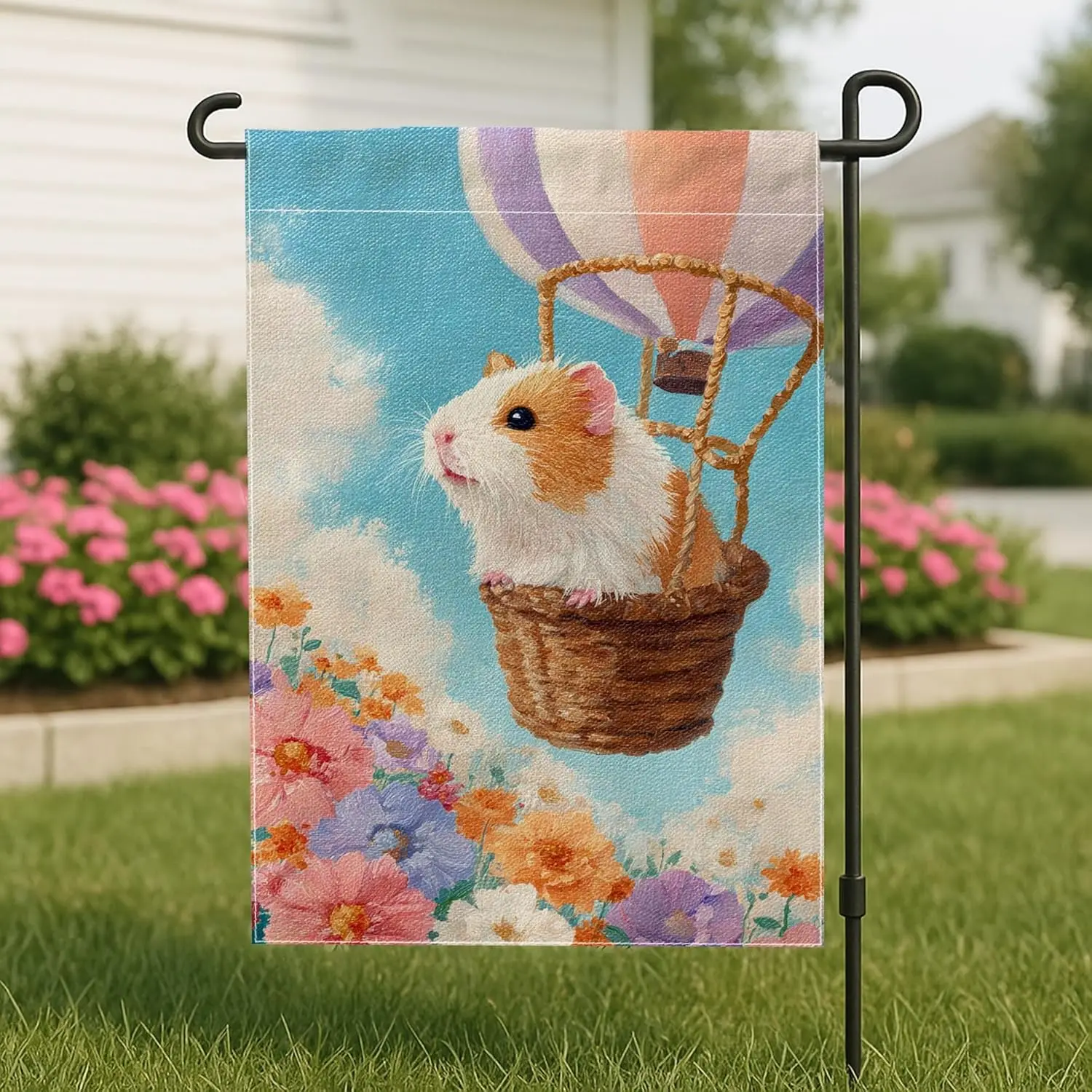 Guinea Pigs Garden Flag, Fanciful Playful Hot Air Balloon Flowers Spring Blue Double Sided Burlap Small Garden Yard Flag for PPM
