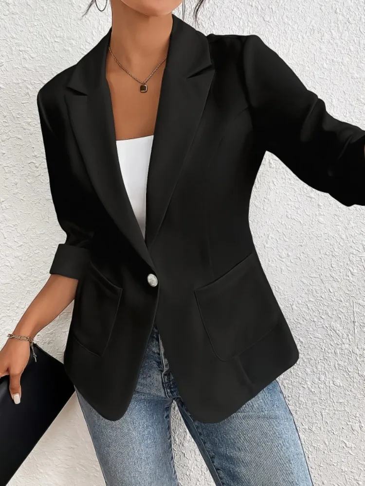 

Yeezzi женские черные пиджаки на одной пуговице с длинными рукавами и карманами с лацканами, свободная повседневная офисная куртка, элегантная повседневная верхняя одежда