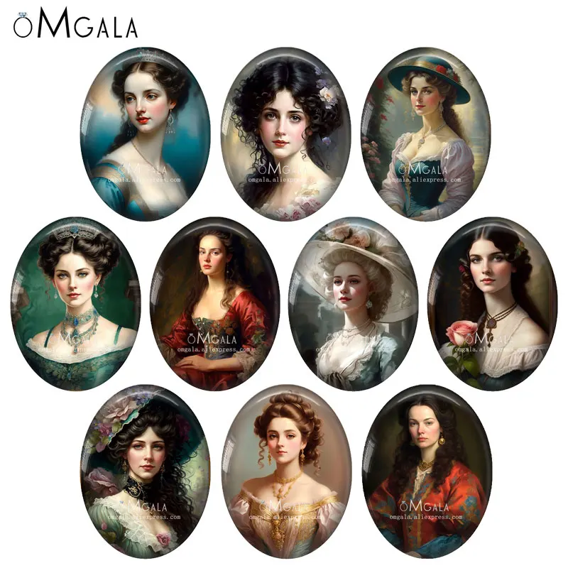 Vintage Elegant Lady Art Paintings 13x18mm/18x25mm/30x40mm Oval photo glass cabochon demo flat back Making findings