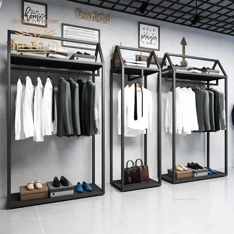 Furniture Men Clothes Clothing Store Display Rack Black Double-layer floor-standing display rack for men's clothing stores