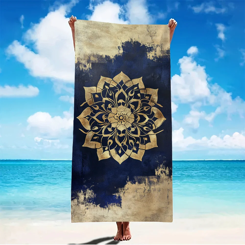 1pc Luxury Beach Towel with Golden Mandala Design - Soft, Absorbent, Lightweight Polyester 200gsm, Contemporary Style