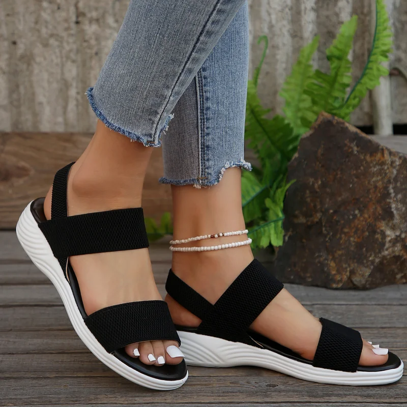 Ladies Shoes 2024 New Elastic Band Women\'s Sandals Summer Open Toe Breathable Mesh Solid Flat Casual Beach Large Size Sandals